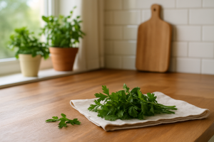 سبزی تازه روی پارچه سفید در آشپزخانه چوبی با نور طبیعی و گلدانهای سبز در پسزمینه