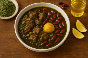تصویر خورش قورمه سبزی با سبزی خشک در یک کاسه سرامیکی گرد، با گوشت ترد، لوبیا قرمز، لیمو عمانی و لیمو تازه، در کنار سبزی خشک و روغن حیوانی، با نور طبیعی و رنگهای متناسب.